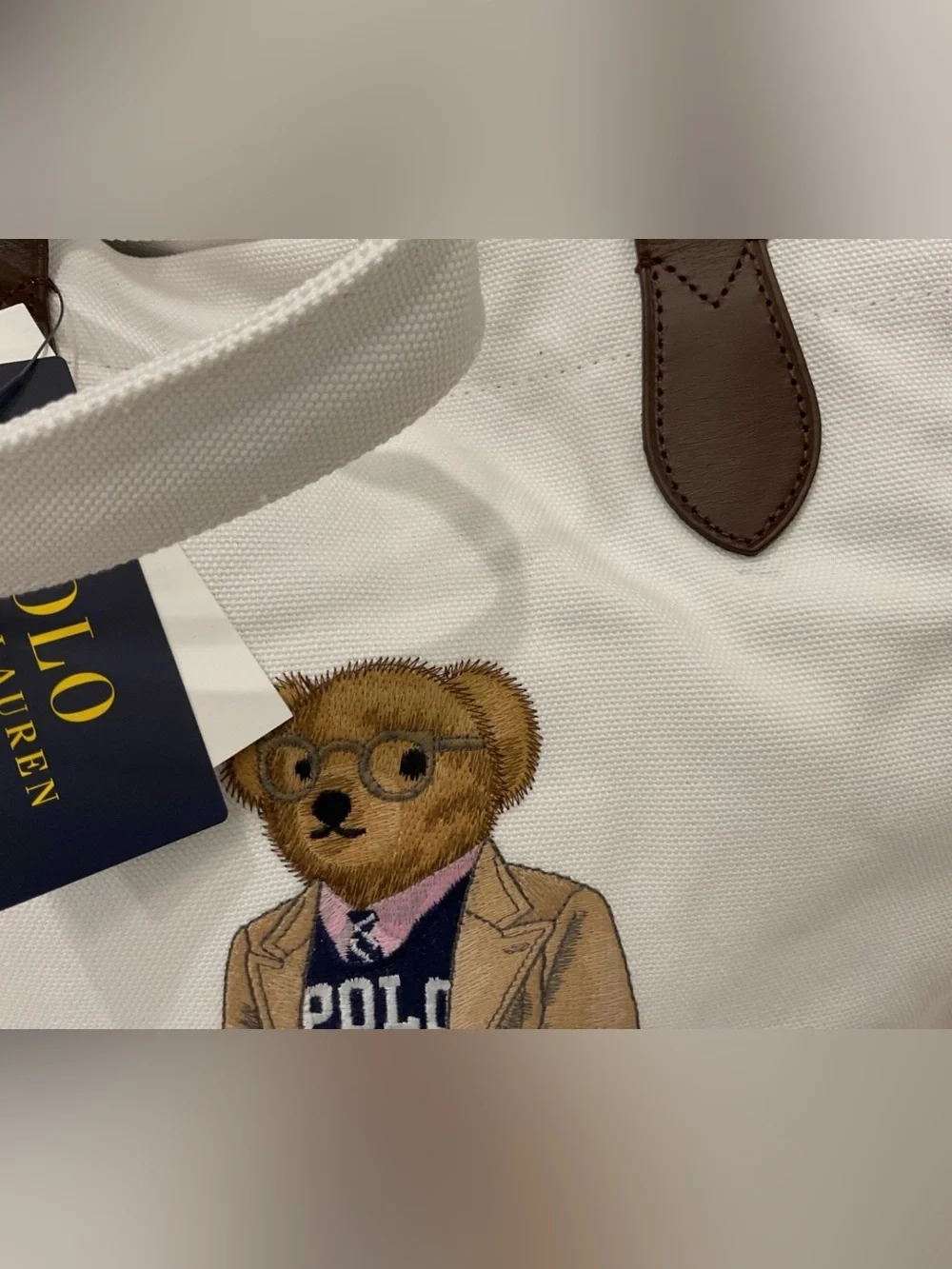 Polo Ralph Lauren White COLLEGIATE BEAR Canvas Embroidered SHOPPER Tote Bag